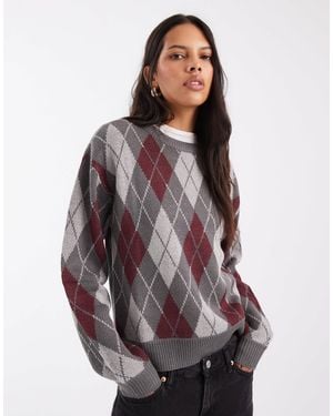 Noisy May Boxy Fit Argyle Sweater - Brown