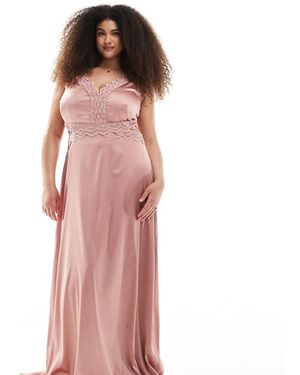 Tfnc Plus Bridesmaid Satin Maxi Dress With Scalloped Lace Detail - Pink