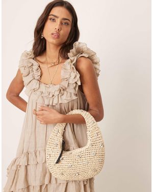 ASOS – von hand gehäkelte, halbrunde schultertasche aus strohgewebe - Natur