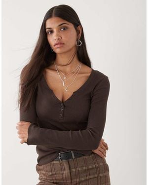 Monki Long Sleeve Henley Button Top With Flared Sleeves - Multicolour