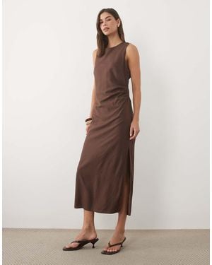 Mango Ruched Side Sleeveless Midi Dress - Brown