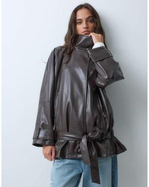 ASOS Giacca Effetto Pelle Con Cintura Morbida Color Cioccolato Fondente - Grigio