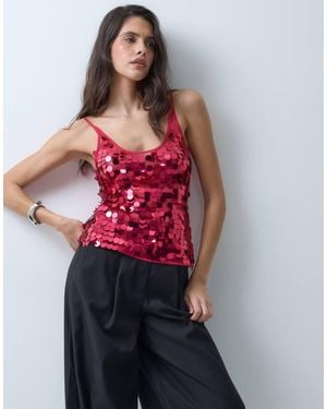 ASOS Top Sin Mangas Con Cuello Ancho Y Lentejuelas De Discos Dispersas En - Rojo