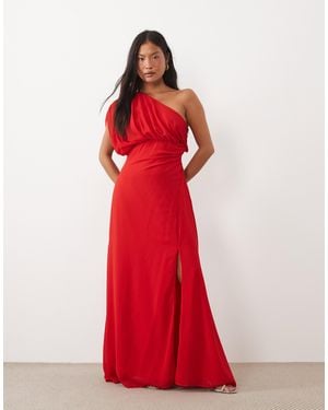 TFNC London Chiffon One Shoulder Draped Thigh Split Maxi Dress - Red