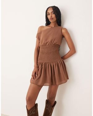 Daisy Street Off The Shoulder Boho Georgette Shirred Detail Mini Dress - Brown