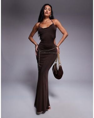 Tiger Mist Suriya Cowl Halterneck Open Tie Back Chain Detail Maxi Dress - Brown