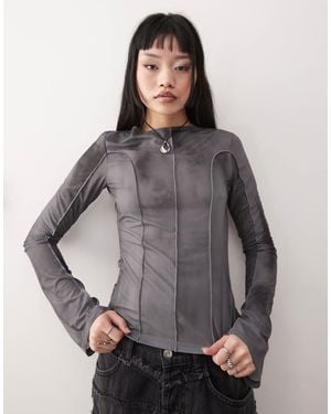 Weekday Blur Print Long Sleeve Mesh Top - Gray