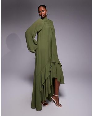 TFNC London Chiffon Balloon Sleeve Ruffle High Low Hem Maxi Dress - Green