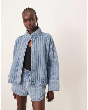 ARRANGE Quilted Distressed-look Boxy Jacket Co-ord With Wide Sleeve - Blue