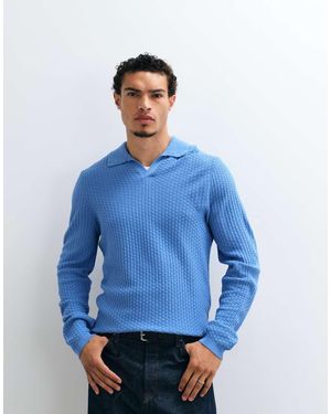 ASOS Relaxed Knitted Textured Long Sleeve Notch Neck Polo - Blue