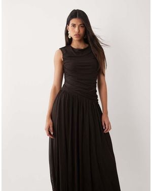 Vero Moda Sleeveless Ruched Detail Maxi Dress With Asymmetric Waist - Black
