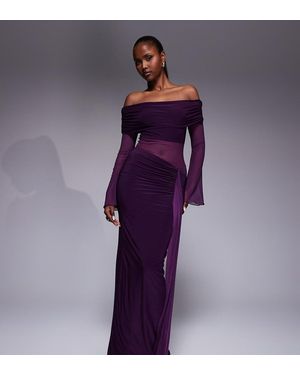 Kaiia Exclusive Double Layered Slinky Foldover Off The Shoulder Sheer Panel Ruched Skirt Maxi Dress - Purple