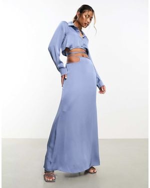 Aria Cove Satin Open Tie Side Maxi Skirt Co-Ord - Blue