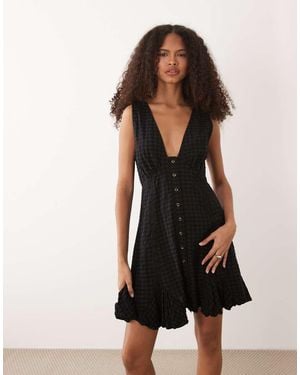 ASOS V Neck Mini Button Down Mini Dress With Lace Trims And Godets - Black