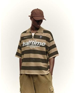 Bershka Short Sleeve Mesh Zip Polo Shirt - Natural