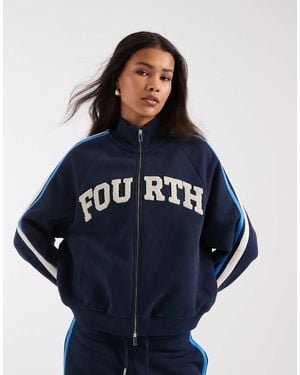 4th & Reckless Cotton Side Stripe Funnel Neck Teddy Logo Zip Up Hoodie - Blue