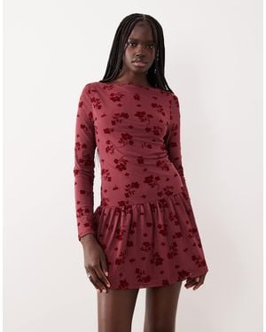 ASOS Floral Flocked Dropped Hem Mesh Mini Dress - Red
