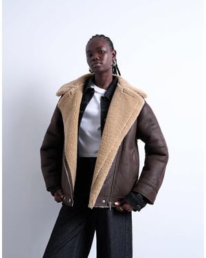 TOPSHOP Oversized Faux Shearling Aviator Jacket - Black