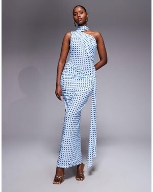 Ruched & Ready One Shoulder Halterneck Scarf Detail Ruched Waist Maxi Dress - Blue