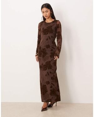 Gina Tricot Rose Print Mesh Burnout Open Back Midi Dress - Brown