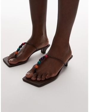 TOPSHOP Irvin Toe Thong Kitten Heel Sandals With Beads - Brown