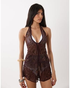 Miss Selfridge Beach Premium Embellished Halterneck Top Co-ord - Purple