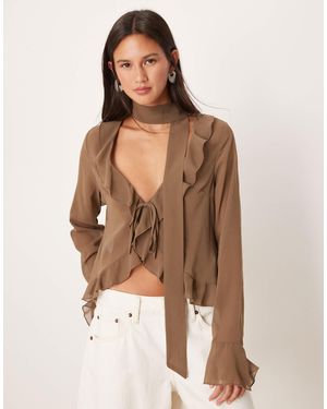 Motel Hirap Ruffle Front Sheer Blouse - Brown