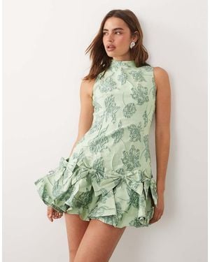 Sister Jane Exclusive Jacquard Sleeveless Cinched Waist Bow Hem Mini Dress - Green