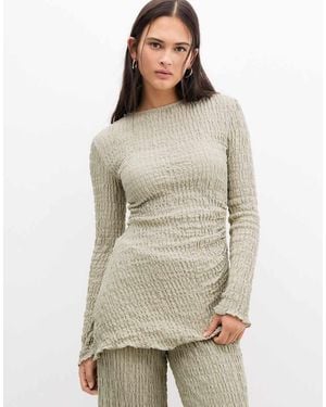 Pull&Bear Textured Long Sleeve Asymmetric Top Co-ord - Natural