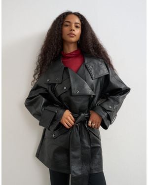 TOPSHOP Faux Leather Mid Length Belted Jacket - Black
