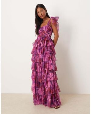 LACE & BEADS Bow Shoulder Tulle Maxi Dress - Pink