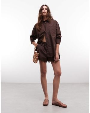 Noisy May Oversized Shirt Co-ord With Lace Pocket Detail - Brown