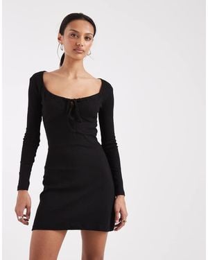 Brave Soul Long Sleeve Jersey Mini Dress With Tie Front Detail - Black