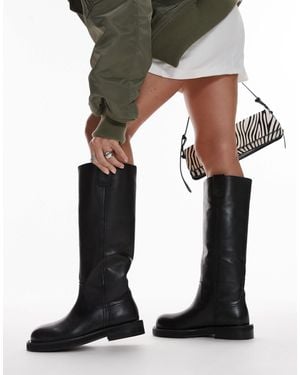 TOPSHOP Rosie Leather Knee High Chunky Boots - Black