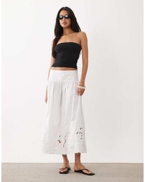 Gina Tricot Falda Larga Blanca Con Bordado Inglés De Algodón Puro (Parte De Un Conjunto) - Blanco