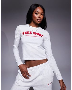 Kaiia Embroidered Logo Cropped Long Sleeve T-shirt Co-ord - White