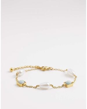Reclaimed Vintage Stainless Steel Drop Bracelet With Blue Stone With Pearl - Natural