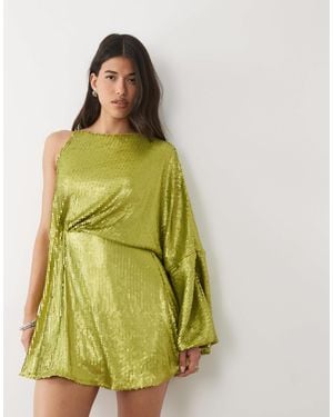 ASOS Sequined One Sleeve Draped Mini Dress - Green