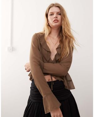Motel Hirap Ruffle Front Sheer Blouse - Brown