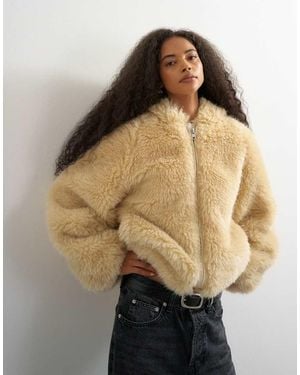 TOPSHOP Faux Fur Zip Through Hooded Jacket - Natural