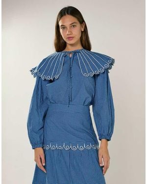 Glamorous Embroidered Collar Long Sleeve Blouse - Blue