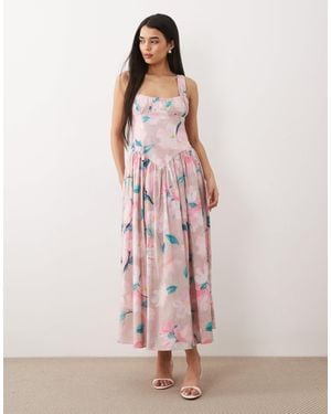 Bardot Cartia Cotton Milkmaid Corset Detail Tie Back Maxi Dress - Pink