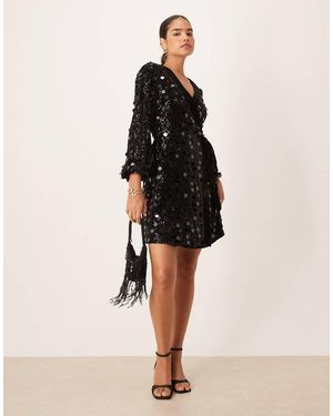Lovedrobe Velvet Trim Sequin Mini Wrap Dress - Natural