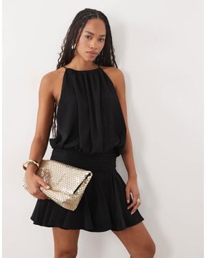 ASOS Satin High Neck Drop Waist Flippy Mini Dress - Black
