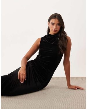 Vila Vestido Largo De Terciopelo Fruncido Con Cuello Alto En - Negro