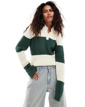 Lioness Maglione Lavorato Stile Rugby A Righe Verde E Panna Con Colletto A Polo