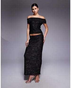 Kaiia Exclusive Off Shoulder Sequin Knit Maxi Skirt Co-ord - Blue