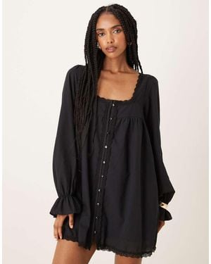 ASOS Katoenen Babydoll Mini Jurk Met Kanten Rand En Lange Mouwen - Zwart