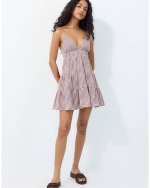 Stradivarius Gingham Short Dress With Open Back - Grey