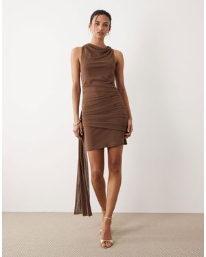 Mango Cowl Neck Ruched Mini Dress - Natural